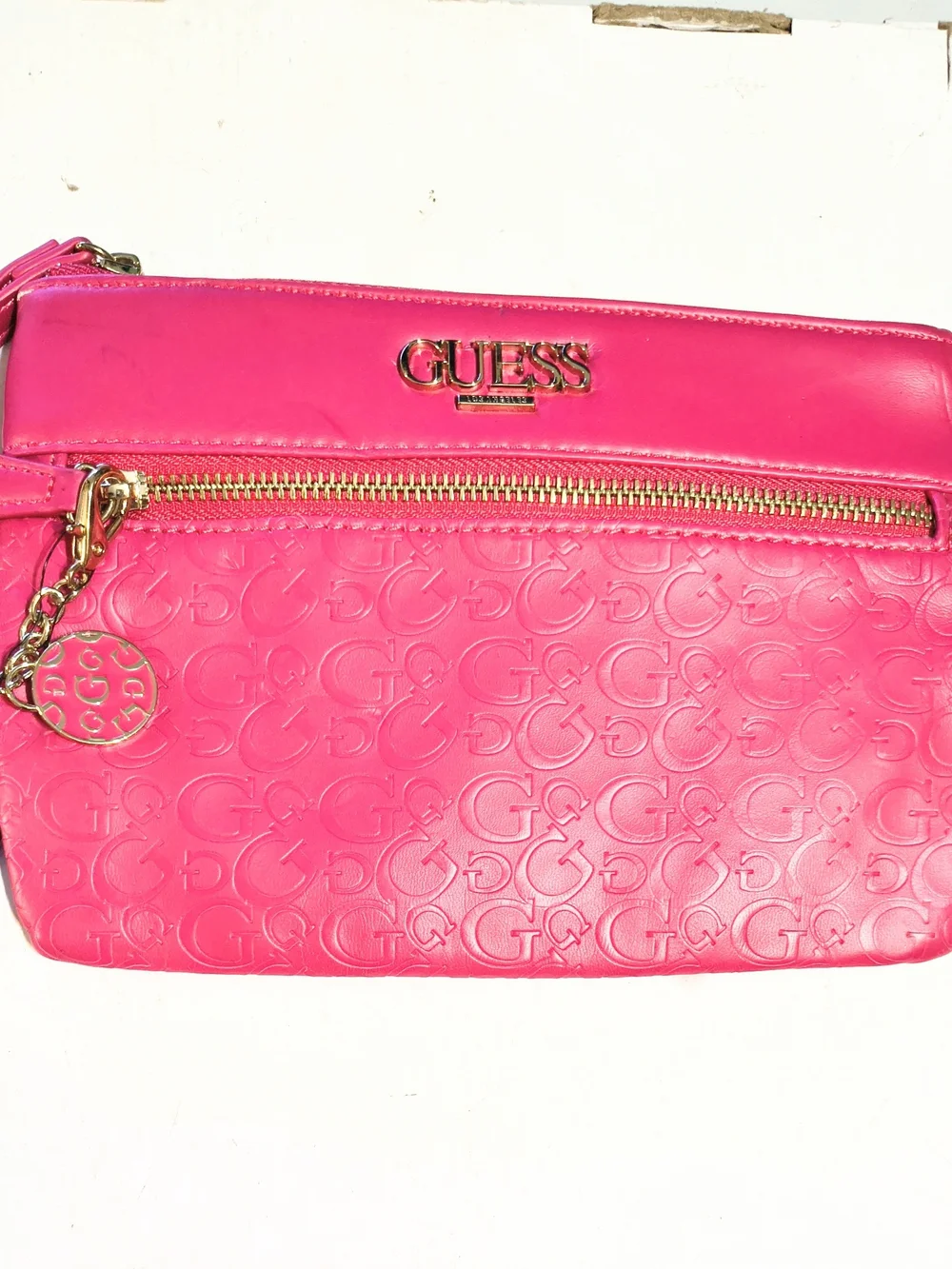 GUESS Hot Pink Embossed Logo Wristlet with Gold Hardware
